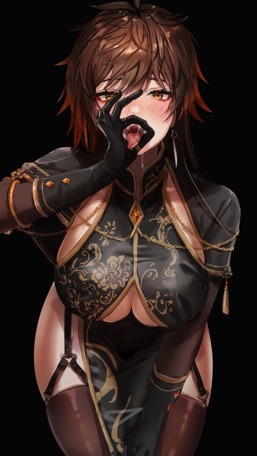 absurdres bangs black_background black_gloves black_thighhighs blush breasts brown_hair chains cleavage cleavage_cutout clothing_cutout commentary_request earrings eyeliner fellatio_gesture female floral_print garter_straps genderswap_(mtf) genshin_impact gloves gradient_hair hair_between_eyes highres hominamia jewelry large_breasts long_hair long_sleeves looking_at_viewer makeup multicolored_hair open_mouth orange_hair rule_63 saliva single_earring solo tassel tassel_earrings thighhighs tongue tongue_out yavalley yellow_eyes zhongli_(genshin_impact) zhongli_jiejie