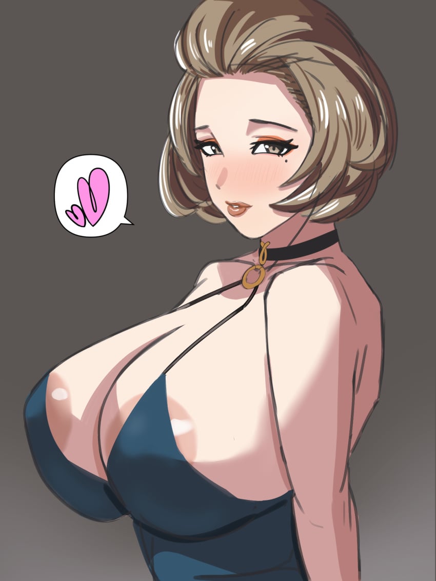 1girls areolae big_breasts blush breast_focus breasts brown_eyes brown_hair cleavage clothing dress eyeshadow female female_only fire_emblem fire_emblem:_three_houses heart huge_breasts large_breasts lips looking_at_viewer manuela_casagranda mature mature_female mature_woman milf mishimanagi mole mole_under_eye neckwear solo thick_lips