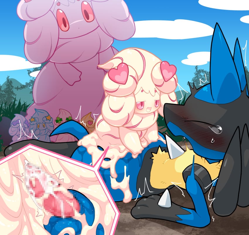 1boy alcremie anthro anthro_penetrating blush bodily_fluids cum cum_inside dominant dominant_female duo female female_on_top female_penetrated genital_fluids group hi_res kageyama looking_pleasured lucario male male/female male_penetrating male_penetrating_female nintendo on_top orgasm pokemon pokemon_(species) sex smile smirk smug tears video_games