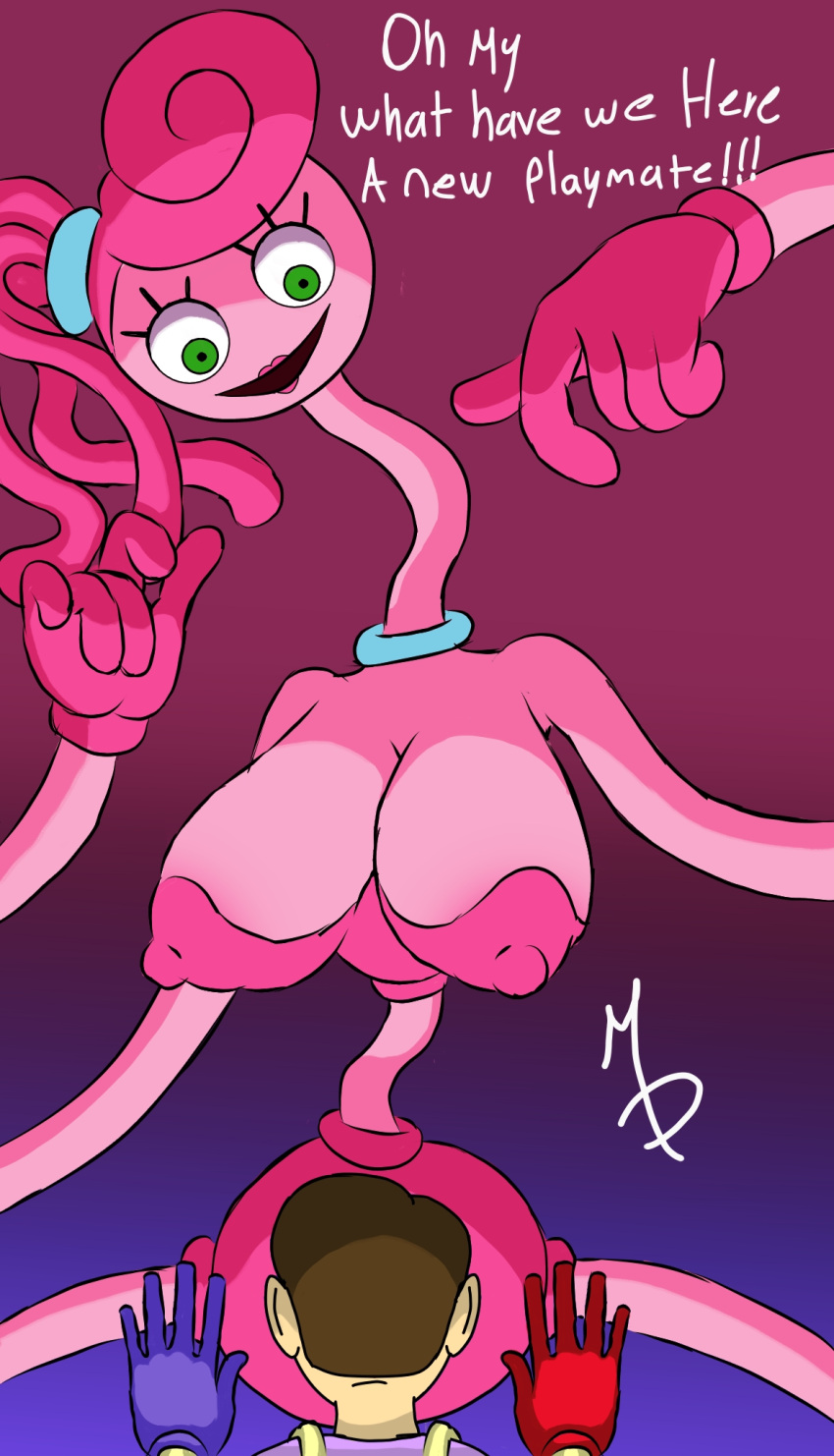 !!! 1girls big_breasts black_pupils breasts english_text eyelashes green_eyes lipstick living_toy long_arms long_eyelashes long_legs long_neck male mauro_draws mommy_long_legs pink_body pink_hair pink_skin poppy_playtime text toy white_text