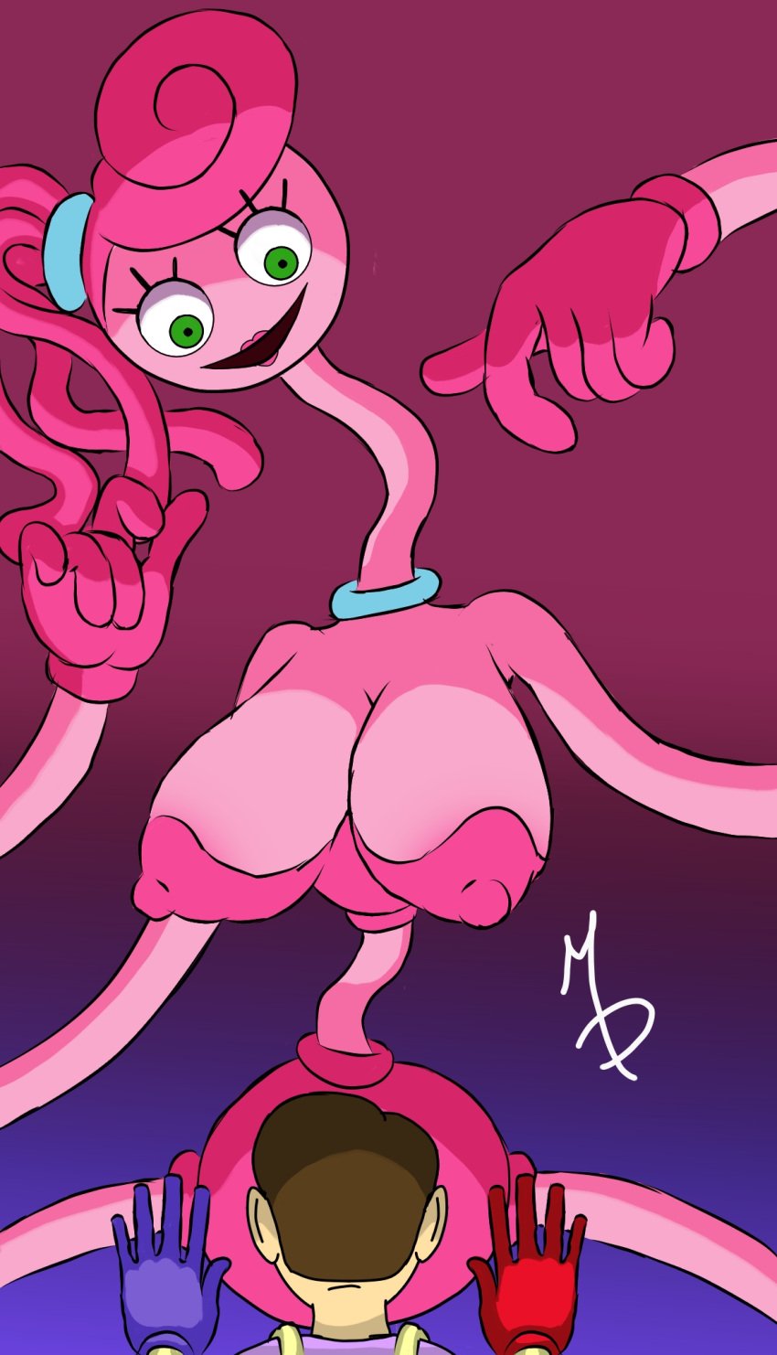 1girls big_breasts black_pupils breasts eyelashes green_eyes lipstick living_toy long_arms long_eyelashes long_legs long_neck male mauro_draws mommy_long_legs pink_body pink_hair pink_skin poppy_playtime toy