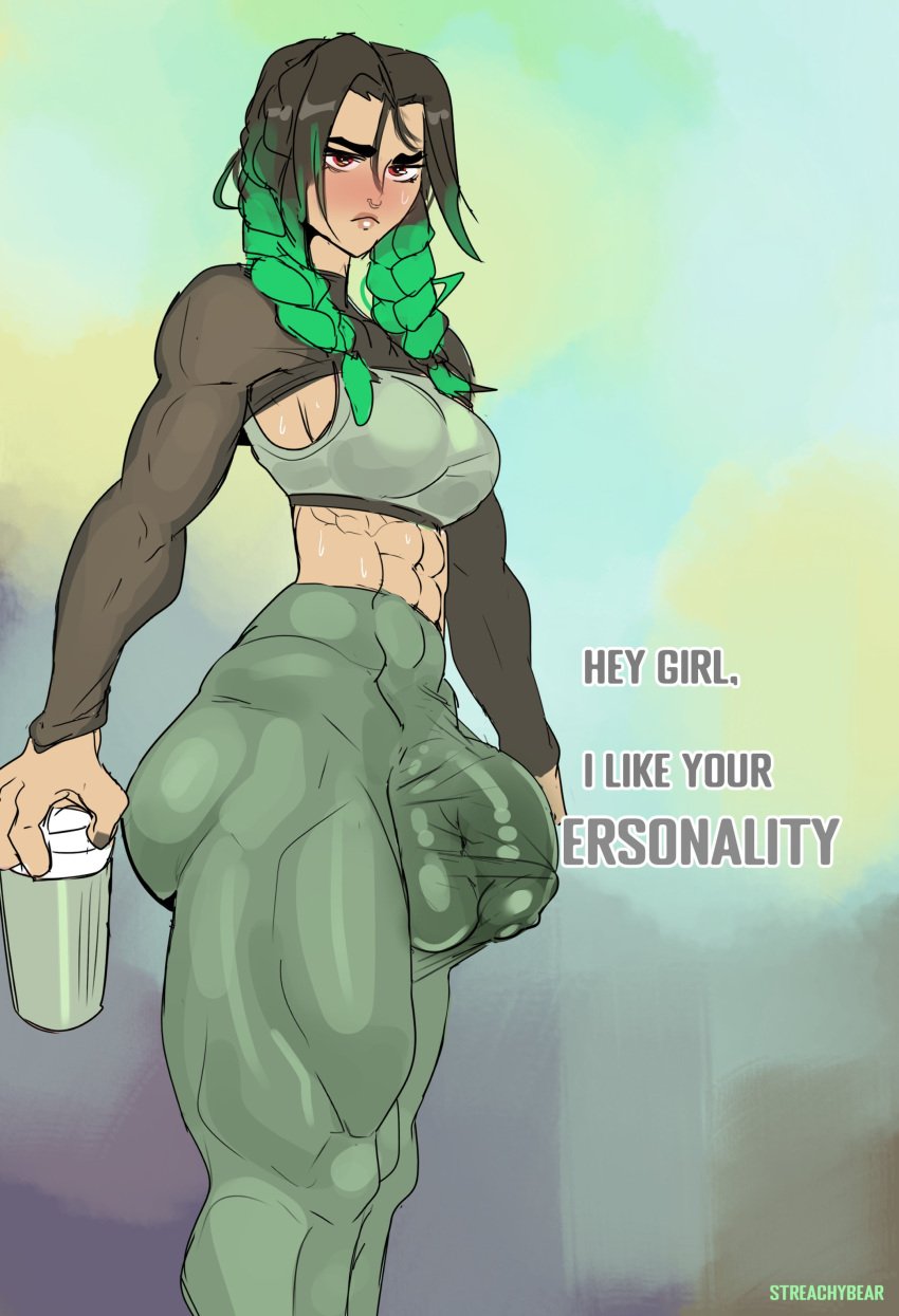 1futa balls big_balls big_breasts big_penis black_hair breasts bulge clothed clothing english_text flaccid fully_clothed futa_only futanari green_hair human jade_(streachybear) medium_hair original penis solo standing streachybear text tight_clothing twintails two_tone_hair