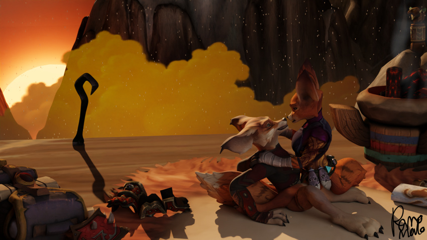 3d anthro blizzard_entertainment canid duo eye_contact female hi_res landscape looking_at_another male male/female mammal on_lap perromalo romantic sitting_on_lap video_games vulpera warcraft