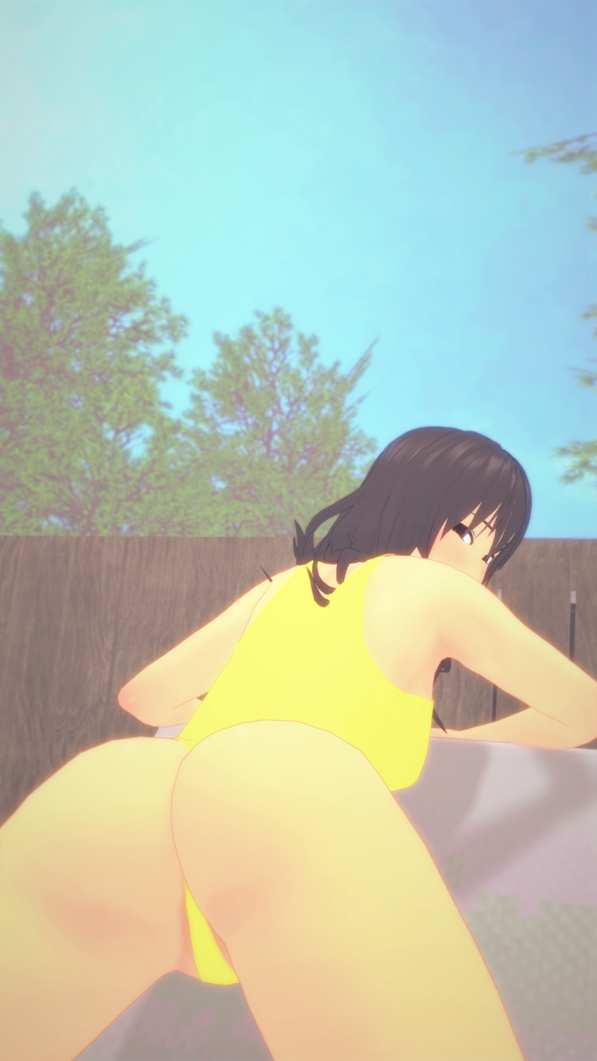 1girls bending_over bent_over bikini black_hair brown_eyes female female_only folding_chair looking_at_viewer outside smile smiling smiling_at_viewer solo solo_female swimsuit ydnar yellow_bikini yellow_swimsuit