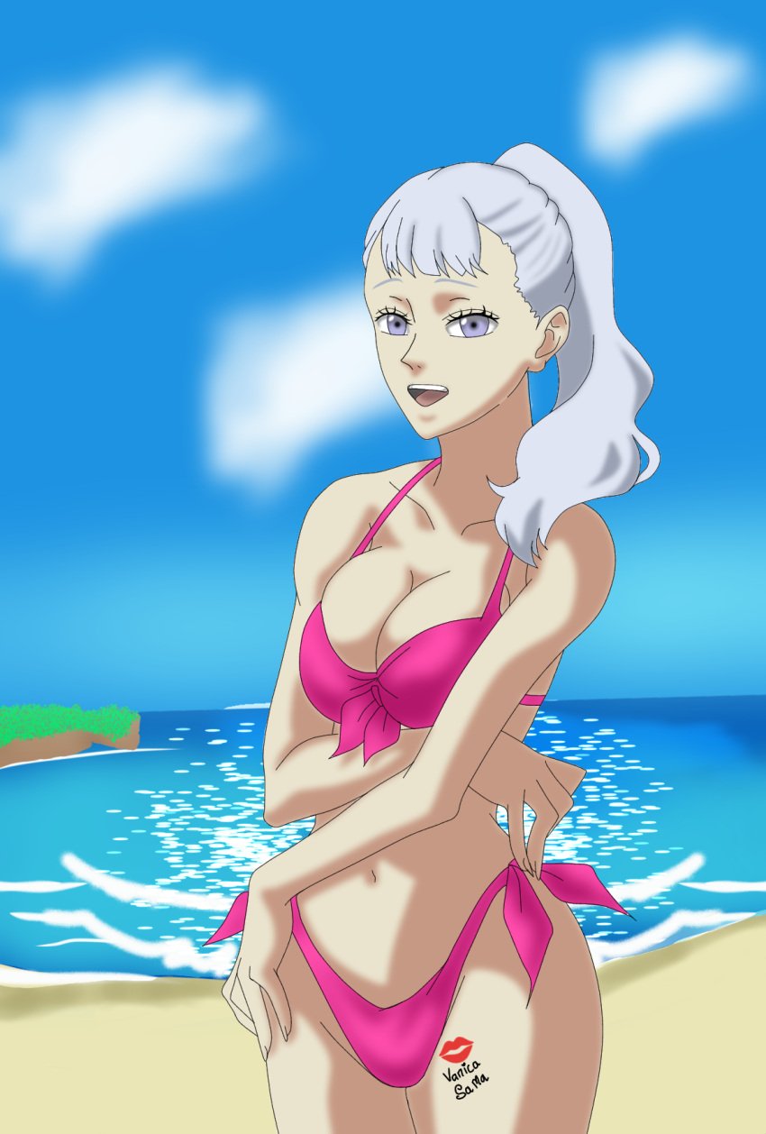 1girls 1milf acier_silva bare_arms bare_legs bare_shoulders beach bikini black_clover breasts cleavage female female_focus female_only large_breasts long_hair looking_at_viewer milf navel panties partially_clothed pink_panties ponytail royal royalty silver_hair smile solo solo_female stomach swimsuit wide_hips