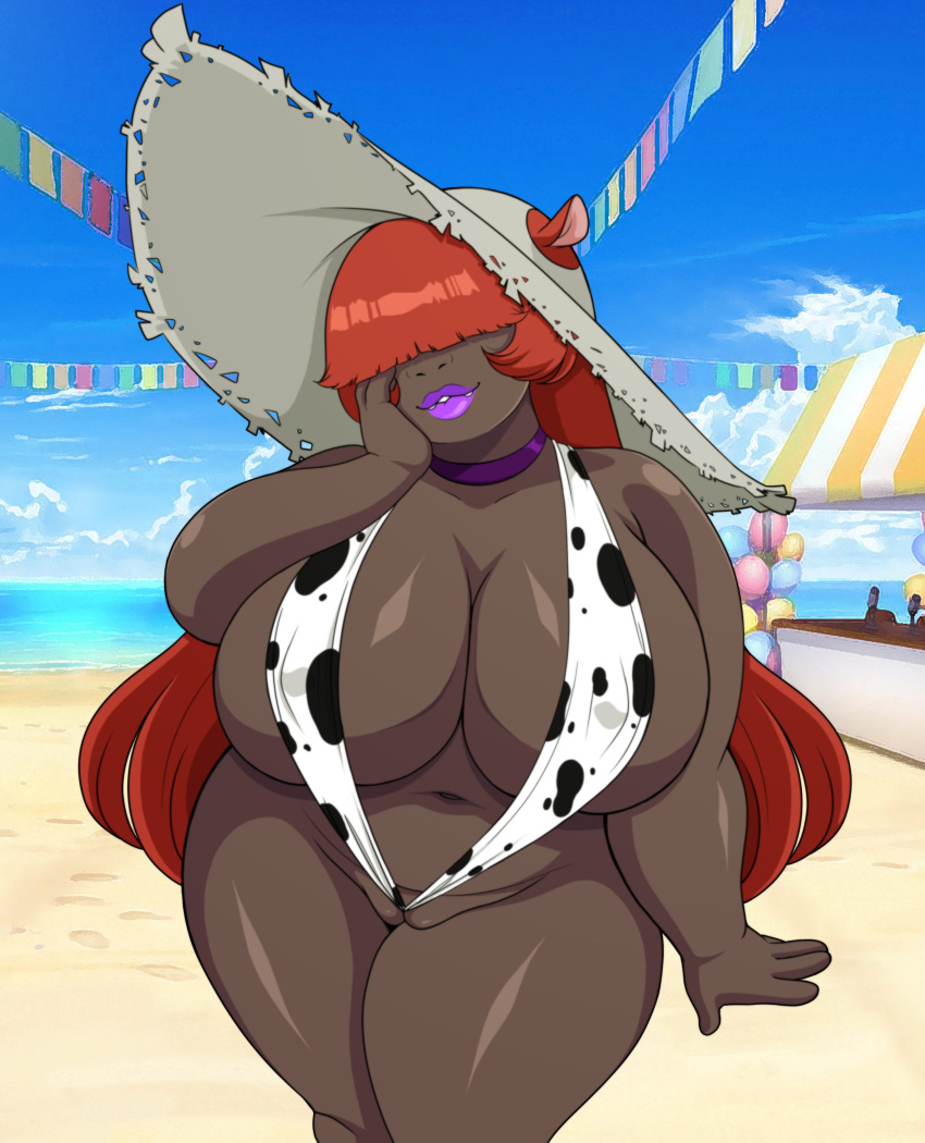 1girls beach big_breasts big_lips big_lips_no_eyes bikini breasts chipscolors choker cleavage erect_nipples eyes_covered female female_only hair hat huge_breasts large_breasts lips lipstick long_hair luenartt mama_hilda_(chipscolors) mature mature_female mature_woman milf mother original original_character plump purple_lips purple_lipstick red_hair sling_bikini solo solo_female sun_hat swimsuit swimwear thick_lips thick_thighs thighs voluptuous