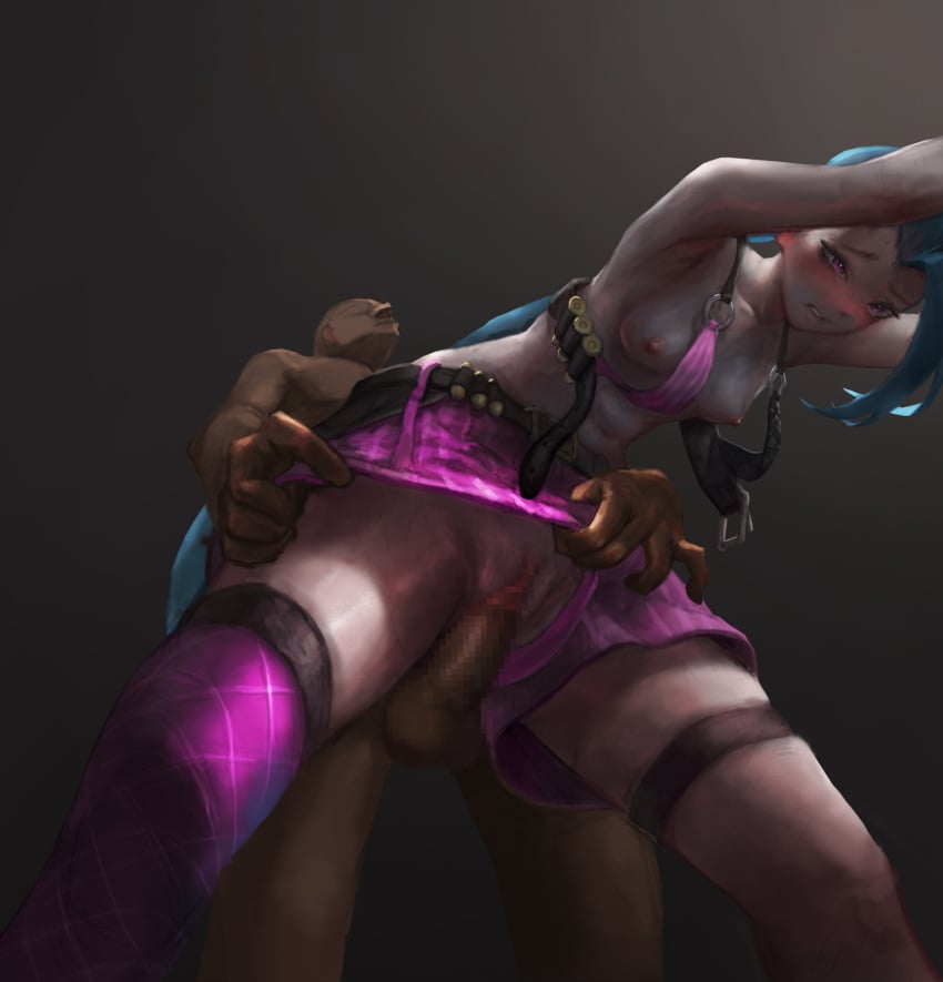 2020 bent_over biting_lip blue_hair blush breasts censored from_below jinx_(league_of_legends) large_penis league_of_legends long_hair navel oh-yeeeeeah penis pink_eyes pussy riot_games sex shorts shorts_aside shorts_pull single_thighhigh skindentation small_breasts standing tagme thighhighs upshorts vaginal_penetration very_long_hair