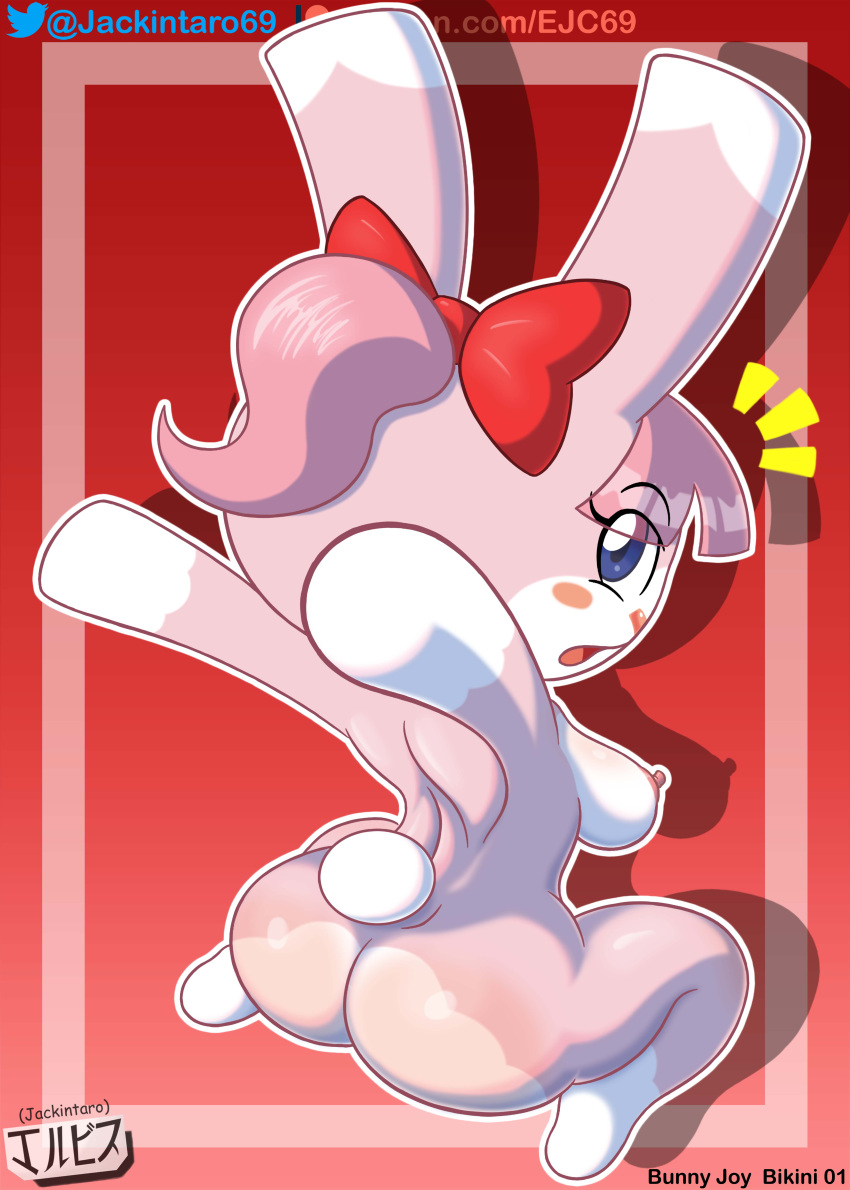 2022 animal_crossing anthro ass blue_eyes breasts bunny bunny_ears bunny_girl digital_media_(artwork) fan_character fur furry jackintaro looking_at_viewer nintendo nipples nude oc pink_fur pink_hair ponytail ribbon simple_background