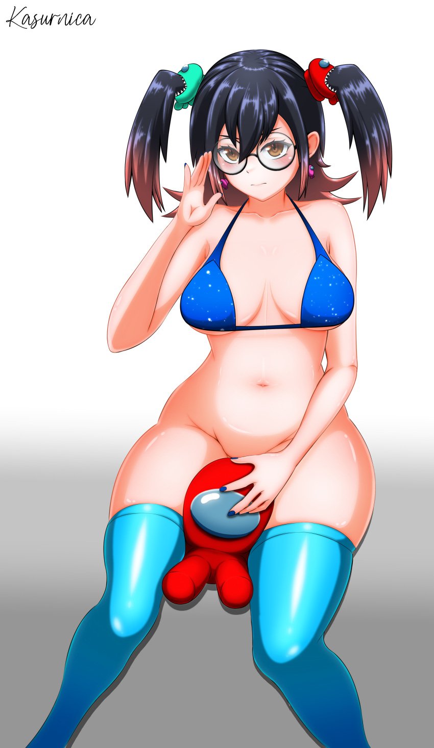 1girls among_us among_us_girl_(mimiyori) between_legs big_breasts big_hips bikini_top black_hair blush bottomless bra breasts brown_eyes cleavage crewmate_(among_us) curvaceous curvy curvy_female curvy_figure cyan_(among_us) female female_only glasses hair_accessory hair_ornament highres hips impostor_(among_us) medium_breasts medium_hair multicolored_hair no_panties partially_clothed pink_(among_us) red_(among_us) simple_background sitting solo solo_female solo_focus thick thick_thighs thighhighs thighs twintails very_high_resolution white_skin wide_hips