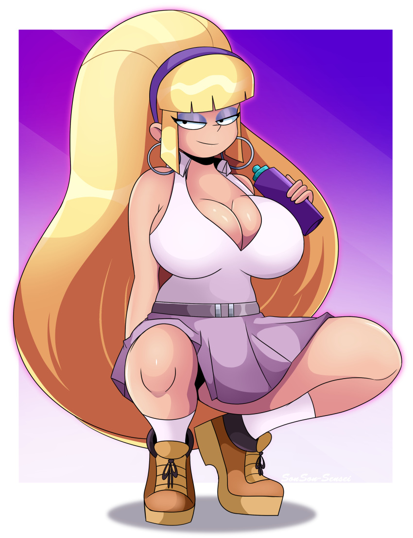 1girls aged_up alternate_breast_size ankle_socks anklehighs belt big_breasts big_hair black_eyes blonde_hair boots bottle bottomwear breasts cleavage clothing disney disney_channel disney_xd earrings eyeshadow female female_only full_body gravity_falls high_heel_boots high_heels holding_object hoop_earrings huge_breasts long_hair pacifica_northwest ponytail purple_eyeshadow purple_skirt shoes skirt smile socks solo solo_female sonson-sensei straight_hair topwear water_bottle white_socks