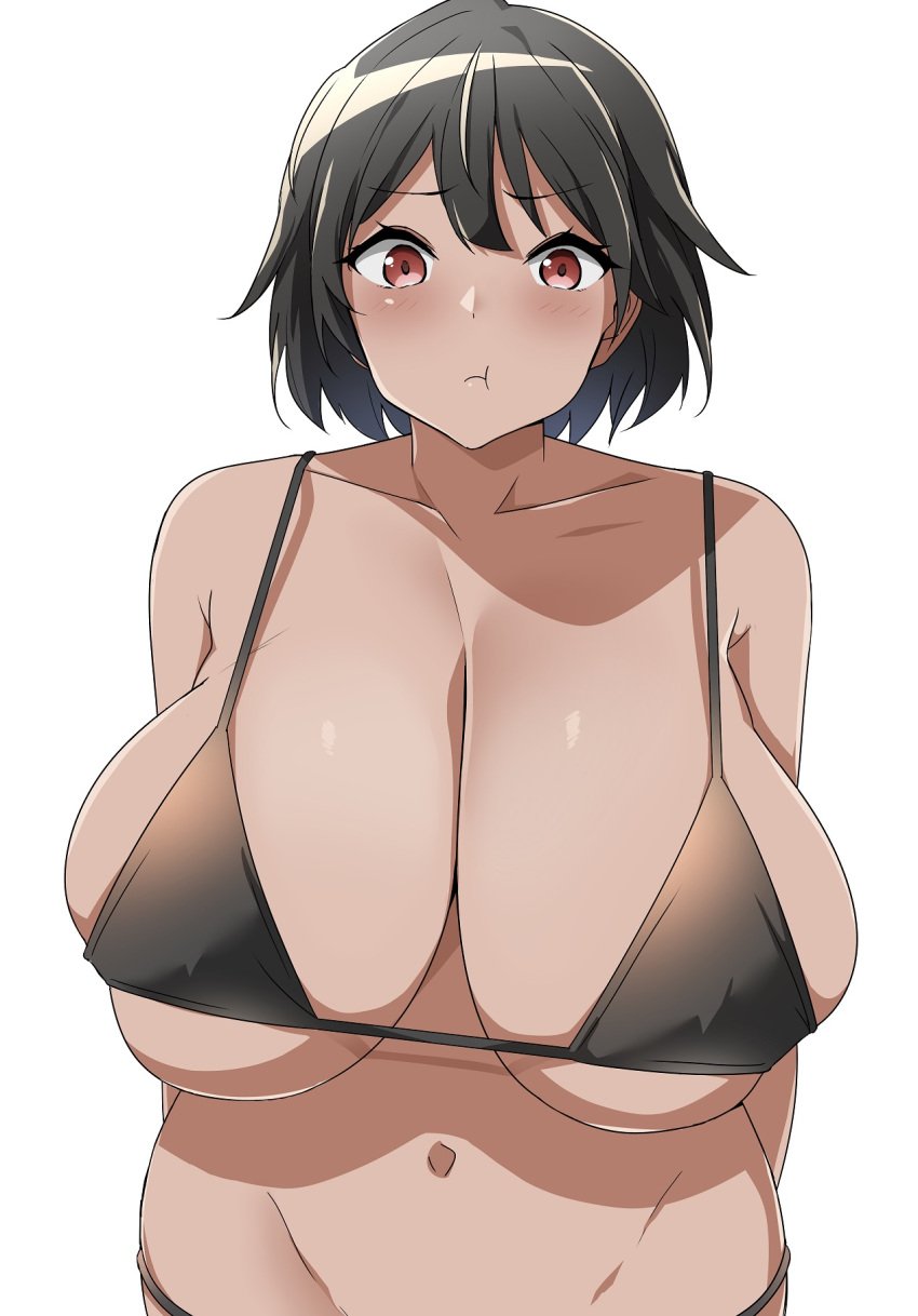 1girls bikini black_hair blush blushing_at_viewer female female_only huge_breasts looking_at_viewer red_eyes short_hair solo solo_female swimsuit triangle_bikini