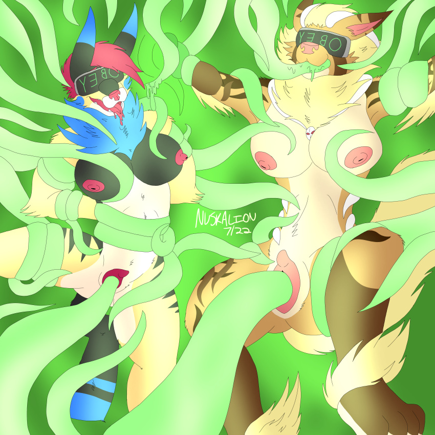 absurd_res akila_(nuskalion) ankle_tuft anthro arcanine blonde_mane blue_mane bodily_fluids breasts brown_body brown_fur canid canine drooling duo eevee elbow_tuft female fur fusion green_background green_tentacles hair hi_res horn houndoom hypnosis hypnotic_visor leg_tuft mammal mane mind_control nintendo nipples nuskalion oral oral_penetration penetration pikachu pink_hair piper_(nuskalion) pokémon_fusion pokemon pokemon_(species) saliva simple_background tentacle tentacle_around_arm tentacle_around_leg tentacle_around_thigh tentacle_around_waist tentacle_bondage tentacle_in_mouth tentacle_in_pussy tentacle_on_breast tentacle_on_leg tentacle_penetration tentacles_on_female thick_thighs tuft vaginal_penetration video_games white_horn yellow_body yellow_fur