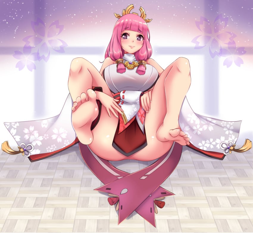 1girls alternate_costume ass bangs bare_legs breasts cosplay crossover female female_only fire_emblem fire_emblem_fates genshin_impact large_ass large_breasts legs legs_up looking_at_viewer medium_hair mitama_(fire_emblem) nintendo pelvic_curtain pink_hair purple_eyes smile solo star-shaped_pupils sugarbell symbol-shaped_pupils yae_miko_(cosplay)