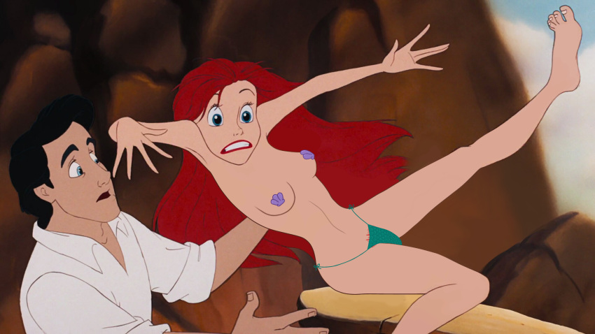 ariel bikini black_hair blue_eyes breasts breasts_out champelli disney disney_prince disney_princess edit falling green_bikini_bottom mermaid pasties prince_eric princess_ariel pubic_hair pubic_hair_peek purple_bikini_top red_hair screenshot_edit seashell_pasties spread_legs teenager the_little_mermaid