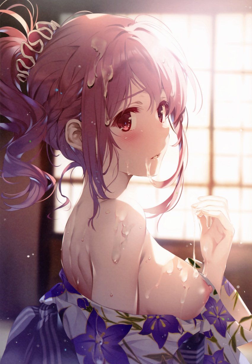 absurdres after_fellatio backlighting bare_shoulders blush braid breasts brown_hair clothes_down comic_aun cum cum_on_body cum_on_breasts cum_on_hair cumdrip facial female floral_print from_side highres japanese_clothes kimono long_hair looking_at_viewer medium_breasts misaki_kurehito nipples parted_lips ponytail print_kimono red_eyes sakura_hina shiny shiny_hair shoulder_blades sidelocks solo upper_body white_kimono