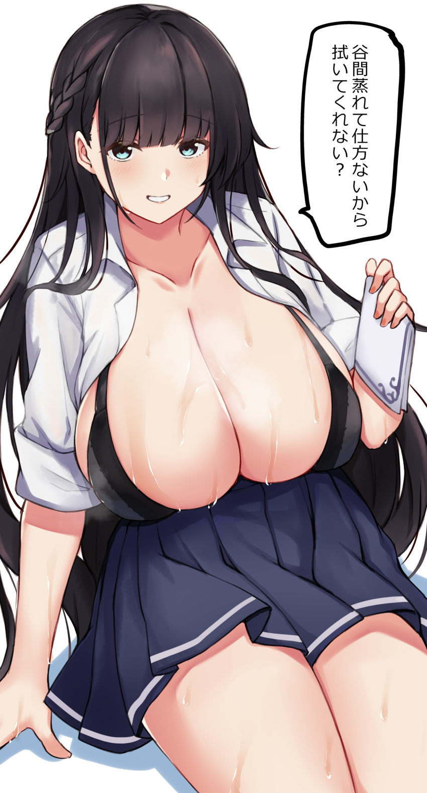 absurdres arashiki_mamizu black_hair blue_eyes blue_skirt breasts cleavage female grin highres huge_breasts long_hair original pleated_skirt school_uniform sitting skirt sleeves_rolled_up smile thighs