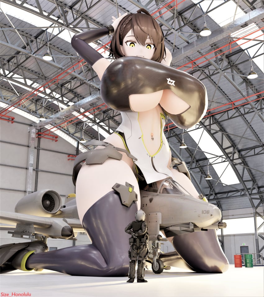 1ambiguous 1boy1girl a-10 a-10_thunderbolt a-10_warthog ambiguous_gender azur_lane baltimore_(azur_lane) big_breasts breasts female giantess honolulusize macro size_difference tagme thick_thighs