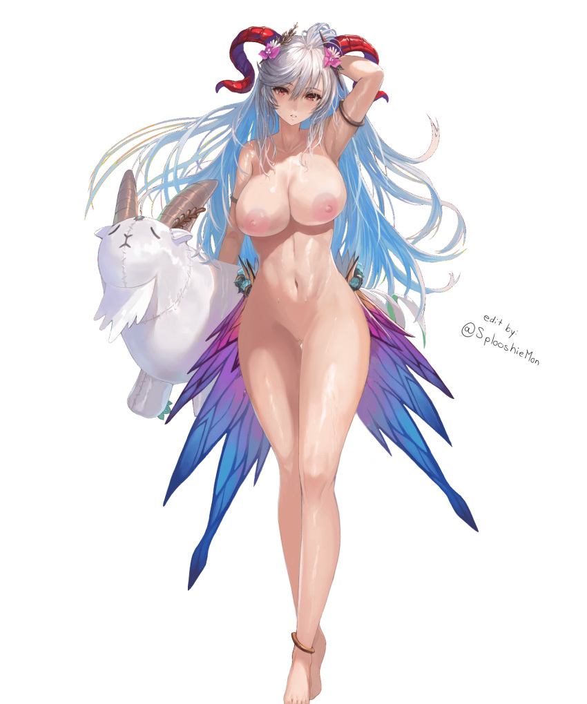 1girls breasts completely_nude edit female female_only fire_emblem fire_emblem_heroes freyja_(fire_emblem) freyja_(summer)_(fire_emblem) goat grey_hair large_breasts long_hair multicolored_hair nintendo nipples nude nude_female nude_filter plushie red_eyes solo splooshiemon very_long_hair