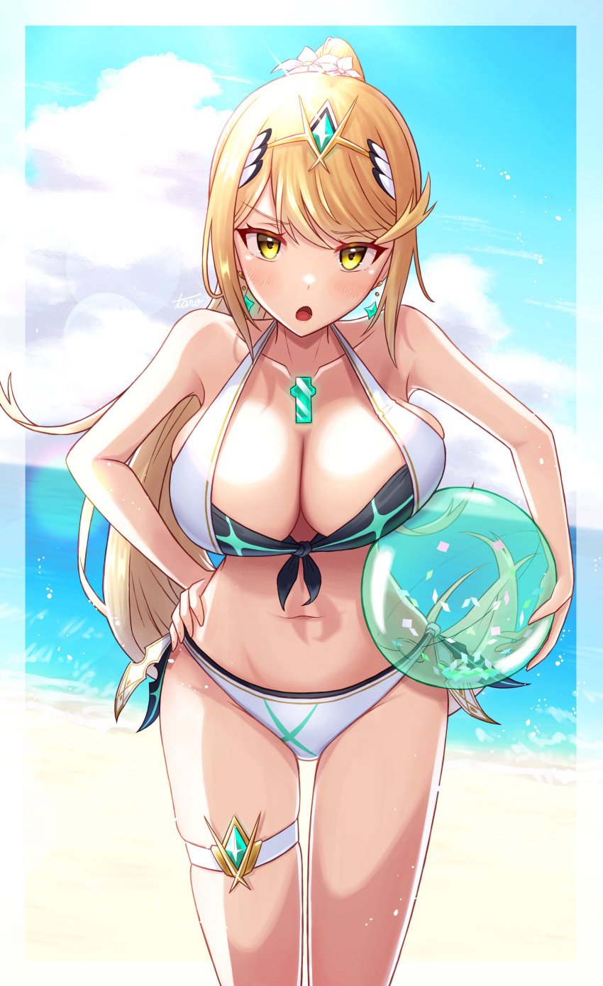 1girls alternate_hairstyle bare_shoulders beach belly belly_button bikini bikini_bottom bikini_top black_bikini black_swimsuit blonde_hair blush breasts cleavage collarbone female female_focus female_only gem headwear hip_grab hips large_breasts leaning_forward legs long_hair looking_at_viewer midriff mythra navel nintendo ponytail smile smiling smiling_at_viewer solo solo_female solo_focus standing stomach swimsuit swimwear taro_(peach_taro51) thighs tiara water white_bikini white_bikini_bottom white_bikini_top white_swimsuit xenoblade_(series) xenoblade_chronicles_2 yellow_eyes