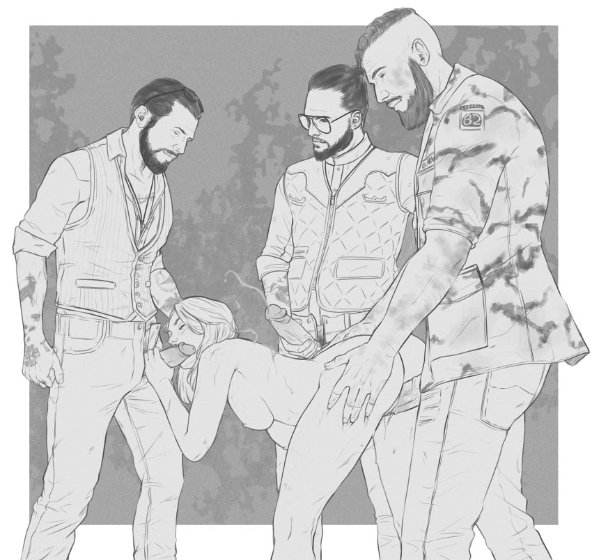 1girls 2022 3boys ashalle beard blowjob brothers clothed_male_nude_female deputy_(far_cry_5) doggy_style dressed_undressed far_cry far_cry_5 foursome glasses gray_background grayscale grey_background greyscale jacket jacob_seed jeans john_seed joseph_seed man_bun manbun masturbation military_jacket military_uniform monochrome naked_female necklace open_bottomwear open_jeans open_pants pants simple_background sketch undershirt vaginal_penetration vest waistcoat wanking white_background