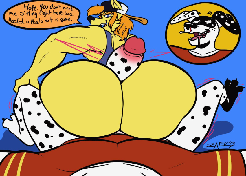 2boys anthro ass assjob backwards_hat bara_ass big_ass big_ass_(male) big_bottom big_butt blue_background blue_eyes bottomless bubble_ass bubble_butt buttjob dalmatian danny_(zackdadawg) drooling fat_ass fat_butt furry gay giant_ass gigantic_chest hair hot_dogging hourglass_figure huge_ass huge_butt huge_chest huge_pecs large_pectorals looking_at_another looking_at_viewer looking_back male male_only manboobs massive_chest massive_pecs max_the_wolf moobs muscular muscular_arms muscular_ass muscular_bottom muscular_butt nosebleed orange_hair original_characters penis penis_between_ass plump_ass plump_butt pov round_ass round_butt small_top_big_bottom speech_bubble t-shirt tank_top text text_bubble thick_ass thick_butt twink_and_daddy watermark yellow_fur zackdadawg