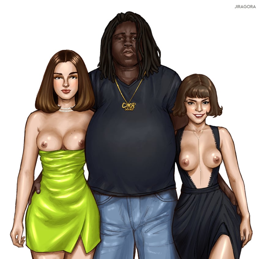 1boy 2girls dark-skinned_male fat_man female hetero hispanic human interracial jiragora light-skinned_female looking_at_viewer male multiple_girls partially_clothed real_person selena_gomez tan-skinned_female threesome vanessa_hudgens young_chop