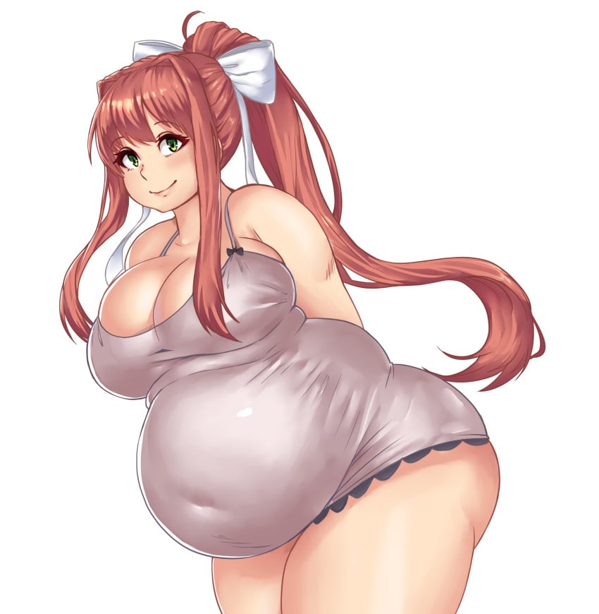 1girls ass bbw belly big_ass big_belly big_breasts breasts chubby doki_doki_literature_club dress fat female female_only green_eyes huge_belly huge_breasts kipteitei light-skinned_female light_skin long_hair monika_(doki_doki_literature_club) overweight solo solo_female tight_clothing weight_gain white_background white_dress