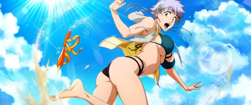 1girls ass barefoot bazinga777 big_breasts bikini bleach bleach_brave_souls breasts bust busty clumsy falling fat_breasts female female_only flat_belly highres jacket kotetsu_isane large_breasts official_art one_shoe sand sandals sandals_removed screaming short_hair short_hair_with_long_locks solo solo_focus swimsuit tripping underboob voluptuous