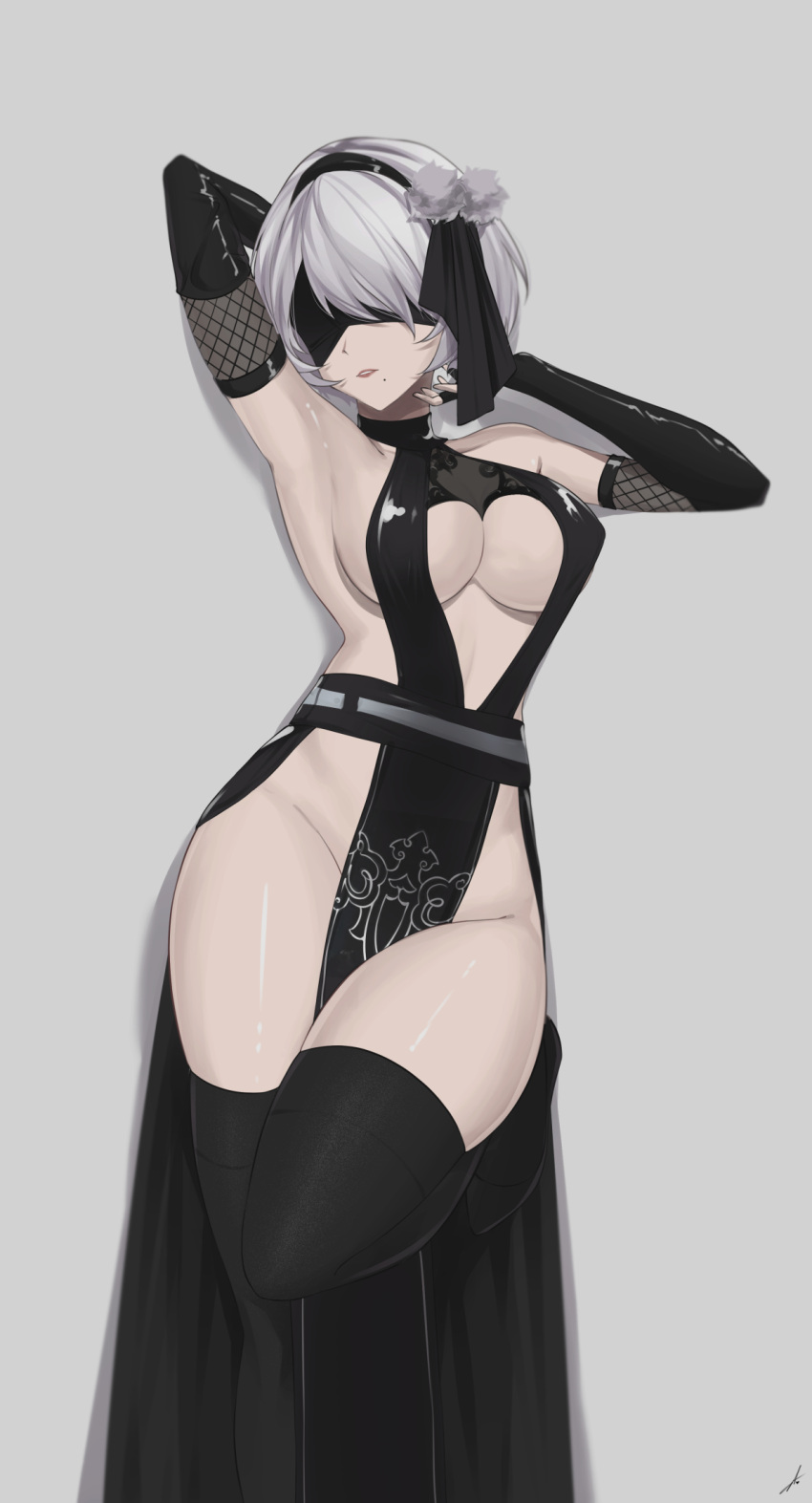 android android_girl armpit armpits arms_up big_breasts blindfold breasts feintheart721 large_breasts legs nier nier:_automata nier_(series) revealing_clothes robot robot_girl robot_humanoid silver_hair sunny721 thick thick_thighs thigh_highs thighhighs thighs white_hair yorha_2b