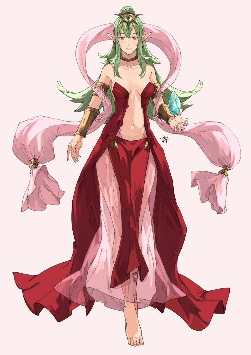 1girls alternate_costume armlet bangs bare_shoulders barefoot bracelet breasts center_opening closed_mouth collar collarbone commentary cosplay dragonstone dress earrings english_commentary female female_only fire_emblem fire_emblem_awakening floating floating_object full_body green_eyes green_hair grey_background hair_between_eyes hair_ornament high_ponytail highres jewelry long_hair looking_at_viewer medium_breasts naga_(fire_emblem)_(cosplay) navel nintendo open_clothes pelvic_curtain ponytail red_dress revealing_clothes sakuremi see-through signature sleeveless sleeveless_dress smile solo stomach tiki_(adult)_(fire_emblem) tiki_(fire_emblem) toes