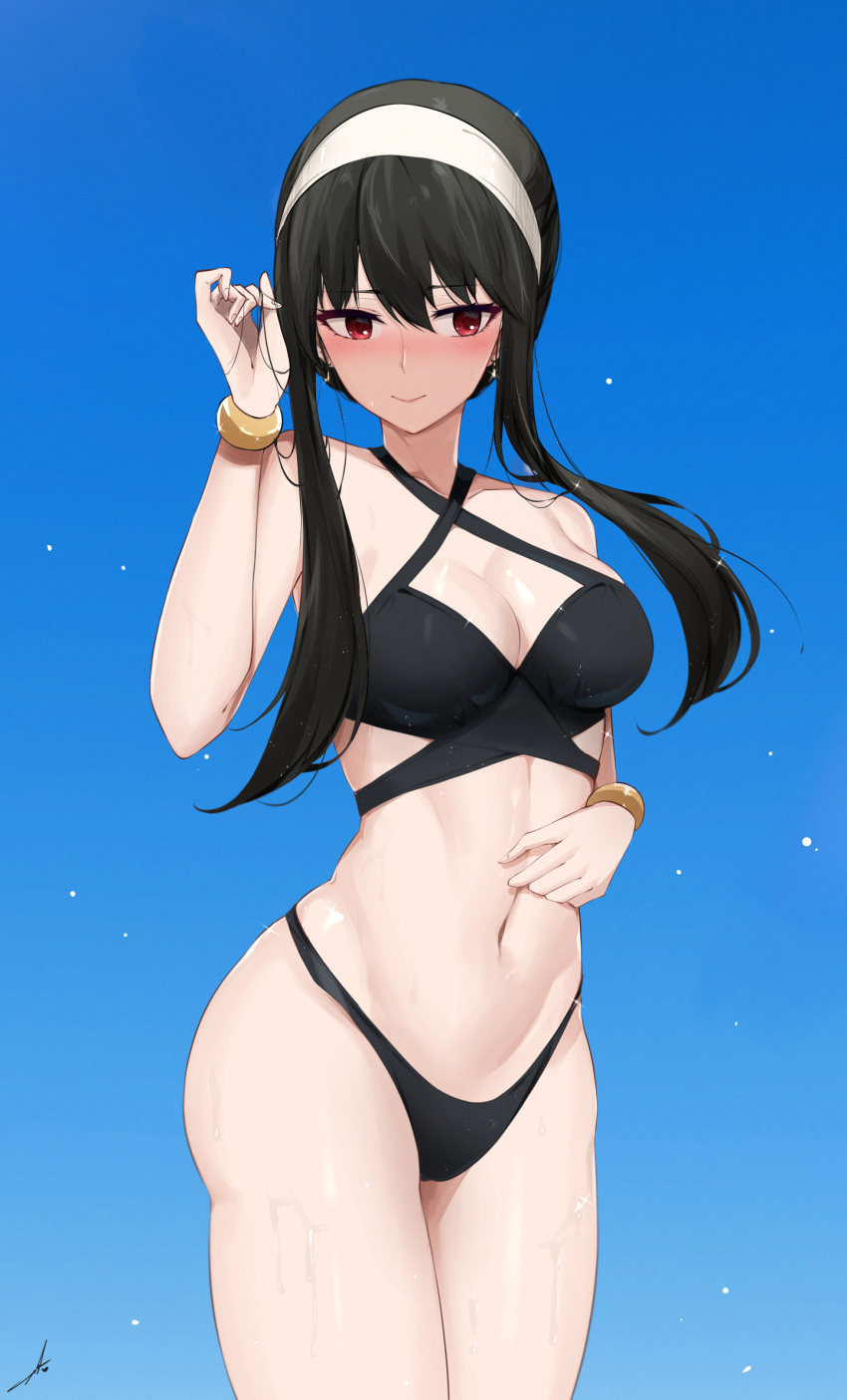 ass belly belly_button big_ass big_breasts black_hair blushing breasts earrings feintheart721 female_only headband large_breasts milf mother spy_x_family sunny721 swimsuit swimwear thick thick_thighs thighs tummy wet yor_briar