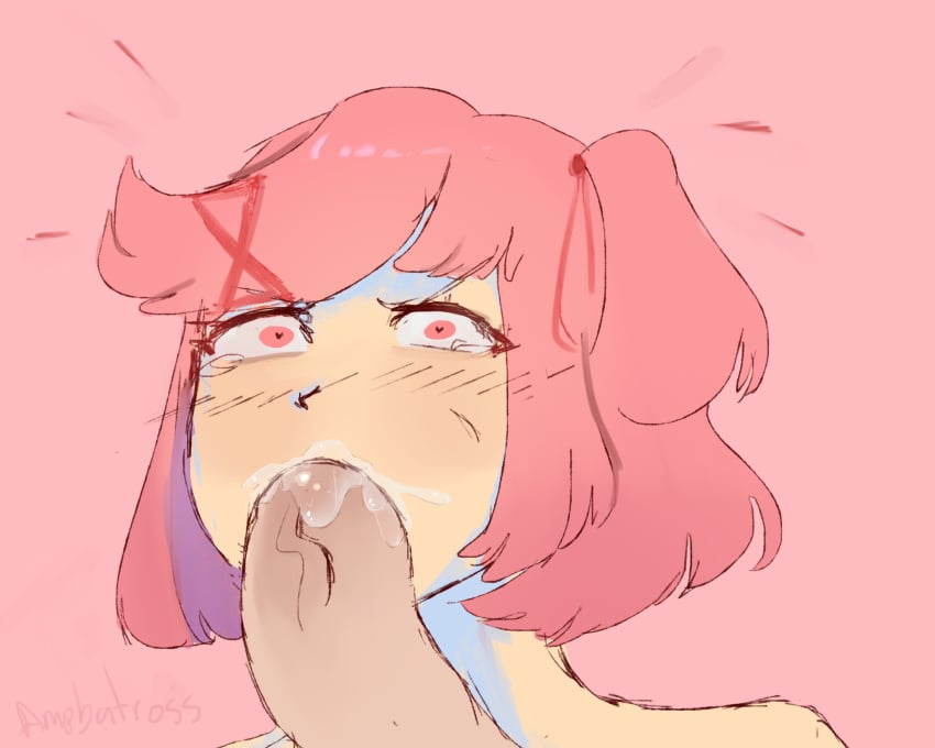 1boy 1girls ampbatross angry angry_face angry_look blowjob cum cumming doki_doki_literature_club female hairclip heart heart-shaped_pupils heart_eyes hearts_in_eyes human male natsuki_(doki_doki_literature_club) penis pink_eyes pink_hair red_hairclip rough_sketch vein wide_eyed