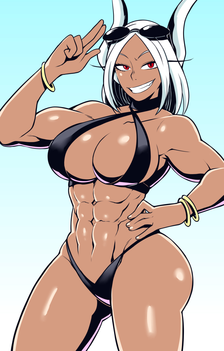 1girls abs ass big_breasts bikini bikini_bottom bikini_top black_bikini black_thong bracelet bracelets breasts bunny_ears busty cleavage curvy dark-skinned_female dark_skin deaf_(artist) eye_contact female female_focus female_only hand_on_hip large_breasts looking_at_viewer miruko muscles muscular muscular_female my_hero_academia pov_eye_contact red_eyes revealing_clothes rumi_usagiyama shounen_jump smile smiling smiling_at_viewer solo solo_female solo_focus sunglasses sunglasses_on_head swimsuit tagme thick_thighs thighs thong thong_bikini toned toned_female voluptuous white_hair