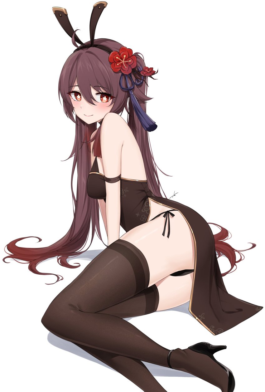 bunny_costume bunny_ears feintheart721 flower_in_hair genshin_impact heels high_heels hu_tao_(genshin_impact) revealing_clothes small_breasts sunny721 thick thick_thighs thighs