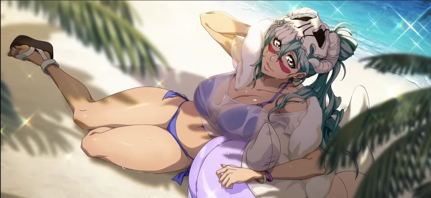 1girls beach big_breasts bikini bleach bleach_brave_souls breasts cleavage facial_mark female female_only green_hair highres large_breasts long_hair looking_at_viewer lying lying_on_side navel nelliel_tu_odelschwanck ocean official_art on_side ponytail sand screenshot seaside see-through solo solo_focus swimsuit thick_thighs thighs water wide_hips