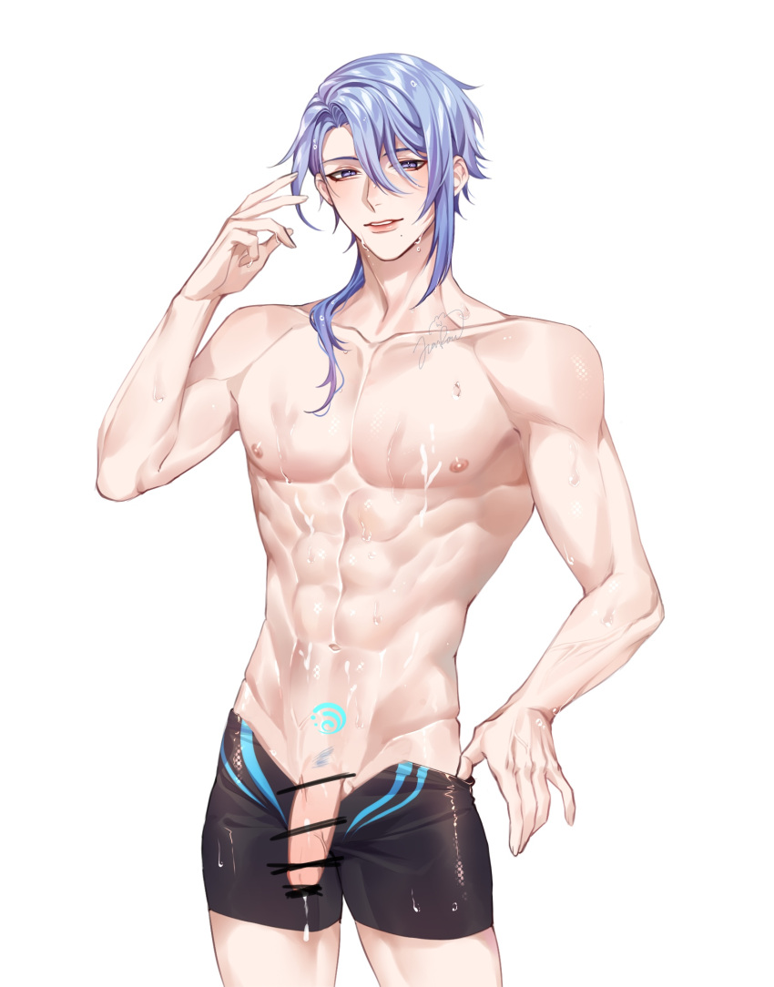 1boy abs bar_censor bishonen blue_hair censored genshin_impact highres kamisato_ayato male_focus male_only male_solo male_swimwear mole multicolored_hair muscular muscular_male navel nipples penis pretty_boy purple_eyes rourouki short_hair solo stomach swim_trunks swimsuit testicles