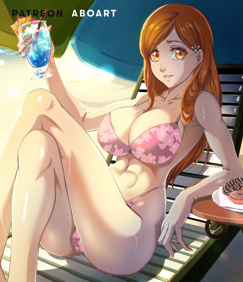 1girls aboart aboleuk abs areolae athletic athletic_female beach beach_chair beach_umbrella bikini bleach blonde_hair breasts bust busty chair crossed_legs drink drinking_glass eyebrows female fit fit_female floral_print food grin high_resolution highres holding_drink huge_breasts innie_pussy inoue_orihime large_breasts long_hair muscle muscular muscular_female navel ocean oppai orange_eyes orange_hair plate sand seashell shadow shell sitting sitting_on_chair smile smirk solo straw sunlight swimsuit table umbrella water wet wet_body