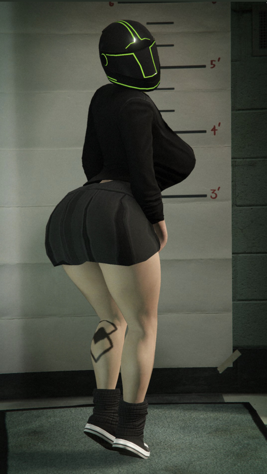 3d ass camera_pov edit female_only femsub grand_theft_auto grand_theft_auto_online gta_online_female_character helmet huge_breasts masked_female miniskirt peteypelly posing sideboob skirt solo sweater tattoo thick_thighs