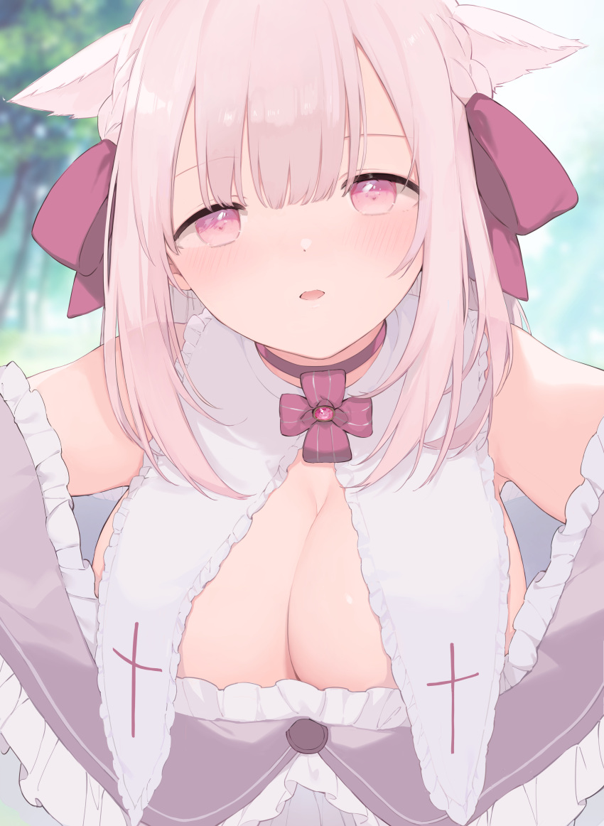 absurdres animal_ears bare_shoulders blush braid breasts cat_ears choker cleavage female fujiyama highres large_breasts looking_at_viewer original pink_eyes pink_hair solo