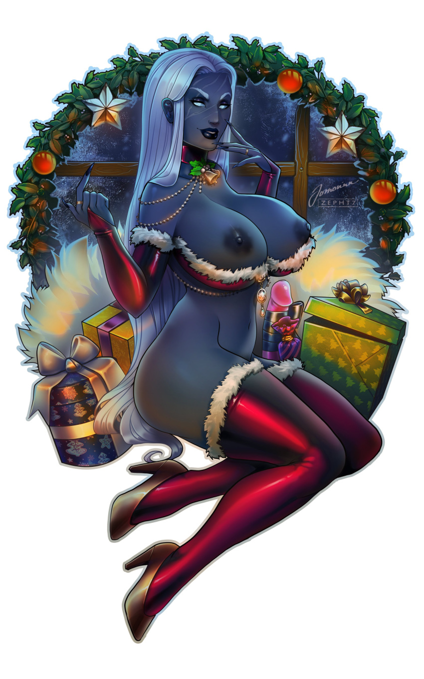 areolae big_breasts blue_skin breasts busty christmas christmas_outfit cleavage female female_focus female_only hourglass_figure nipples pinup pinup_pose sitting tagme thyra tiddybandito warcraft white_background wide_hips world_of_warcraft zepht7