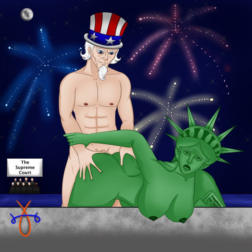 asserack doggy_style fireworks lady_liberty political political_cartoon stars statue_of_liberty uncle_sam water watermark