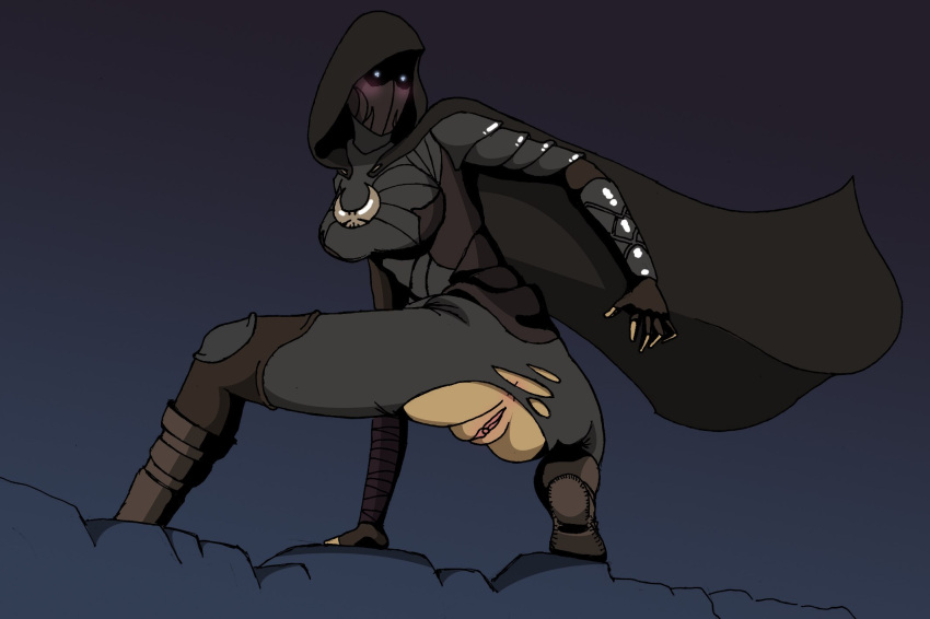 anus anus_peek artist_request big_breasts blush cloak clothing_damage female looking_at_viewer looking_back mask masked masked_female nightingale pussy skyrim the_elder_scrolls torn_clothes