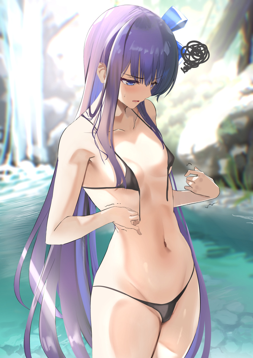 absurdres bikini black_bikini blue_eyes blue_ribbon breasts collarbone day fate/grand_order fate_(series) female furrowed_brow grass hair_ribbon highres kesoshirou long_hair looking_down meltryllis_(fate) navel outdoors parted_lips purple_hair ribbon rock small_breasts solo spoken_squiggle squiggle stomach sweatdrop swimsuit trembling untied untied_bikini very_long_hair wardrobe_malfunction water waterfall