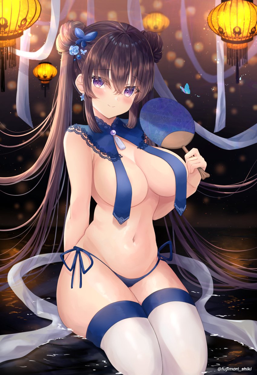 bare_shoulders bikini bikini_bottom_only black_hair blue_bikini blurry bokeh breast_curtains breasts bug butterfly cleavage depth_of_field detached_collar double_bun earrings female fujimori_shiki hair_bun hair_ornament hand_fan highres holding holding_fan insects jewelry kneeling lantern large_breasts long_hair looking_at_viewer navel original paper_fan paper_lantern purple_eyes side-tie_bikini smile solo stomach string_bikini swimsuit tassel thighhighs thighs twintails very_long_hair white_legwear