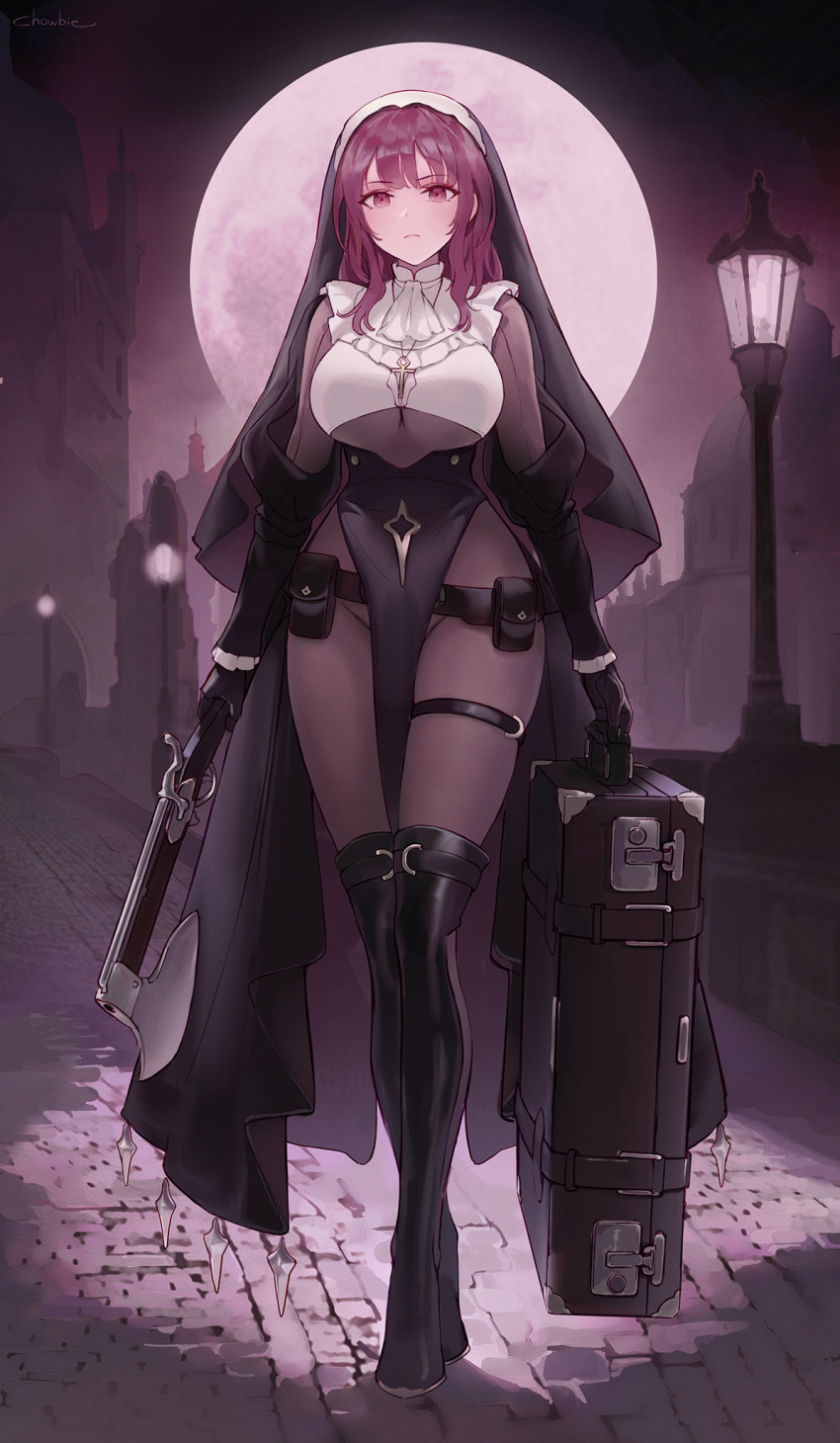 1girls black_pantyhose bodysuit boots breasts chowbie curvy female female_only frills full_body full_moon headdress highres long_hair looking_at_viewer moon night nun original outdoors pantyhose pelvic_curtain red_eyes red_hair solo suitcase thigh_boots thighs underboob weapon