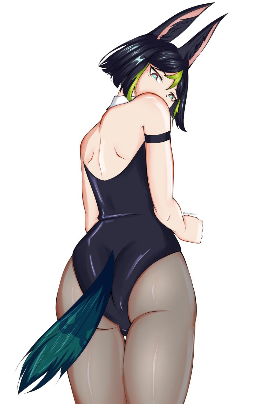 androgynous animal_ears back_view bunnysuit femboy genshin_impact looking_at_viewer looking_back male_focus male_only mihoyo multicolored_hair nonude pantyhose plain_background punchypoowies shoulder_length_hair solo solo_focus solo_male tail thick_thighs tighnari_(genshin_impact) trap