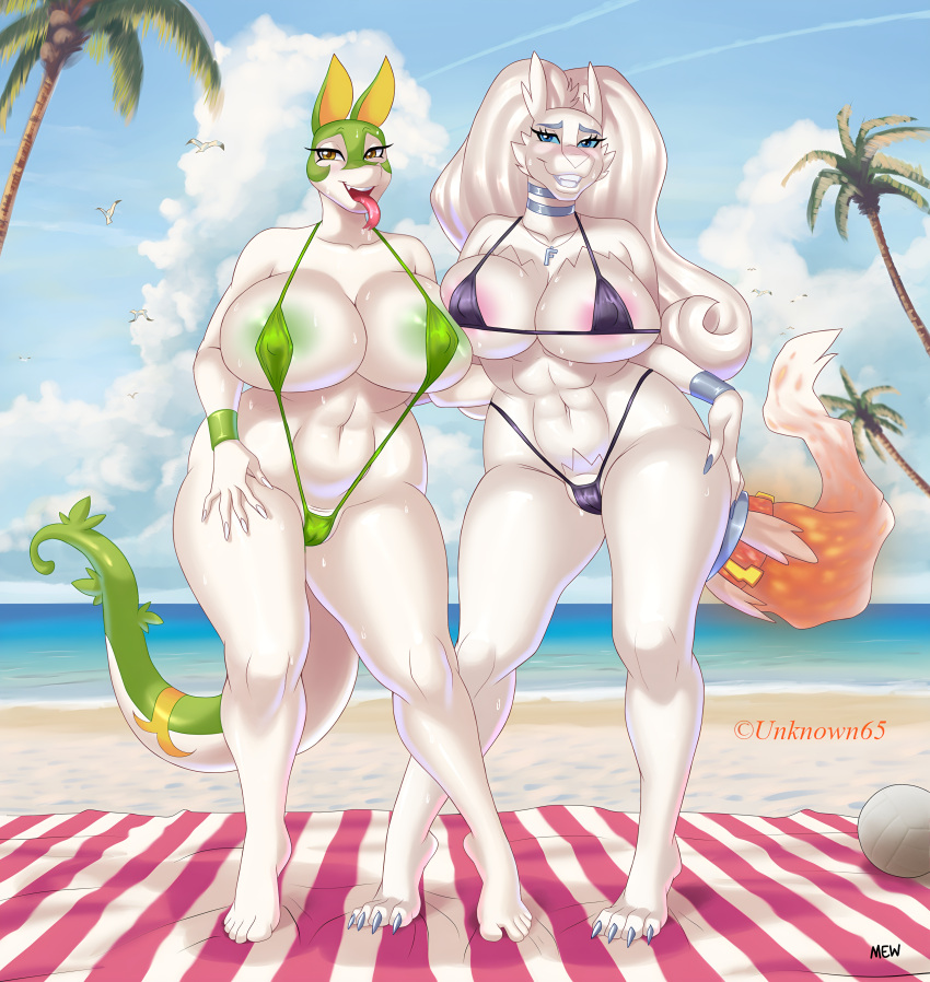 2girls anthro beach big_ass big_breasts bikini deadpliss fluffy_duffy_(unknown6505) green_skin ipan micro_bikini nintendo pokemon reshiram samantha_snakes_(unknown6505) seductive_smile serperior sling_bikini unknown6505 white_fur white_skin