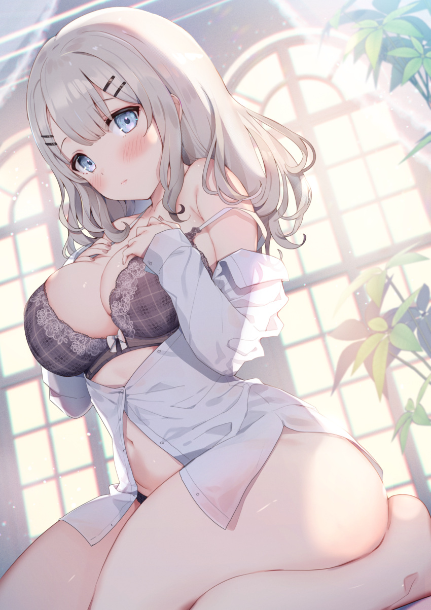 blue_eyes blush bra breast_hold breasts dress_shirt kat_(bu-kunn) looking_at_viewer open_shirt pantsu see_through silver_hair sitting undressing