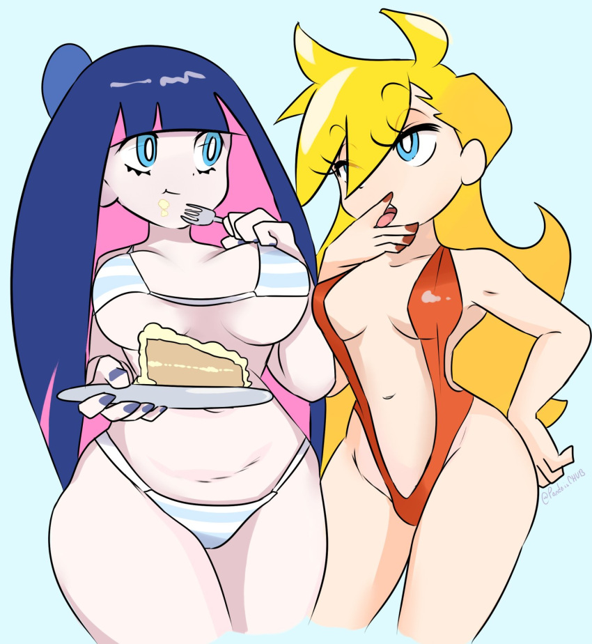 2girls big_breasts bikini blonde_female breast_size_difference breasts curvy female multiple_girls one-piece_swimsuit pandaischub panties panty_&_stocking_with_garterbelt panty_anarchy plump slightly_chubby stocking_anarchy swimsuit tagme thick_thighs wide_hips