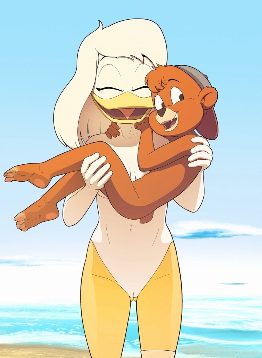 age_difference anatid anseriform anthro avian beach bird butt_from_the_front cub della_duck disney drockdraw duck ducktales ducktales_(2017) duo female genitals hi_res kit_cloudkicker male mammal nude public pussy seaside talespin ursid young younger_male